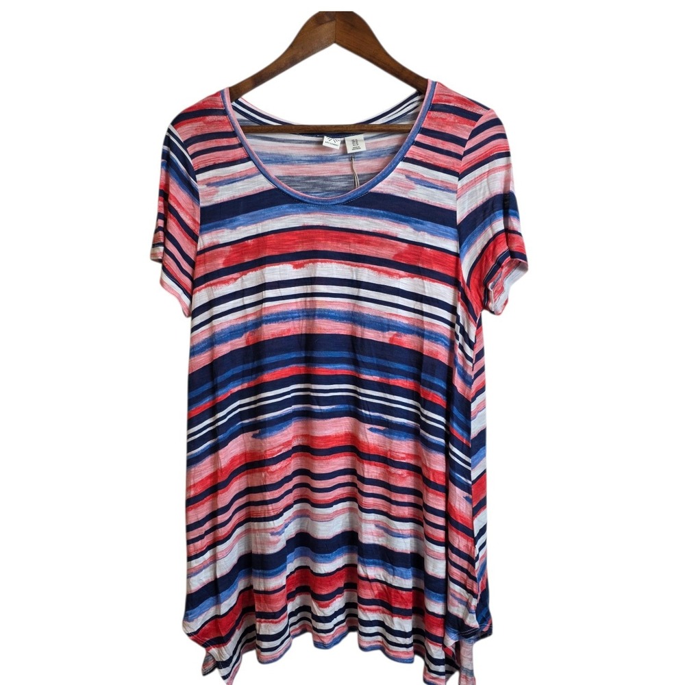 Artis A Nany Striped Tunic Top Red Blue White Scoop Neck Flowy Casual Tee 1X - Picture 3 of 15